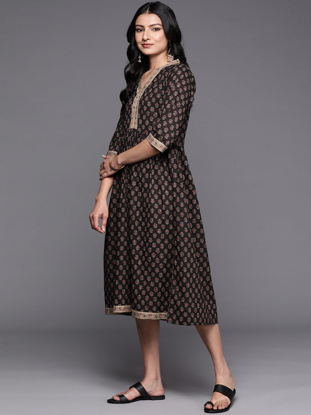 Black Printed Cotton Fit and Flare Dress