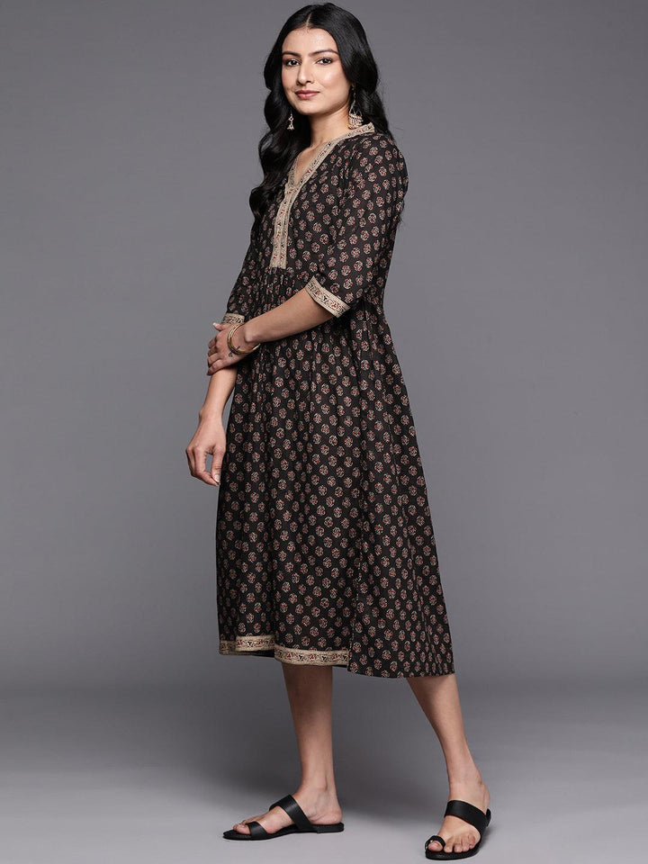 Black Printed Cotton Fit and Flare Dress - Libas