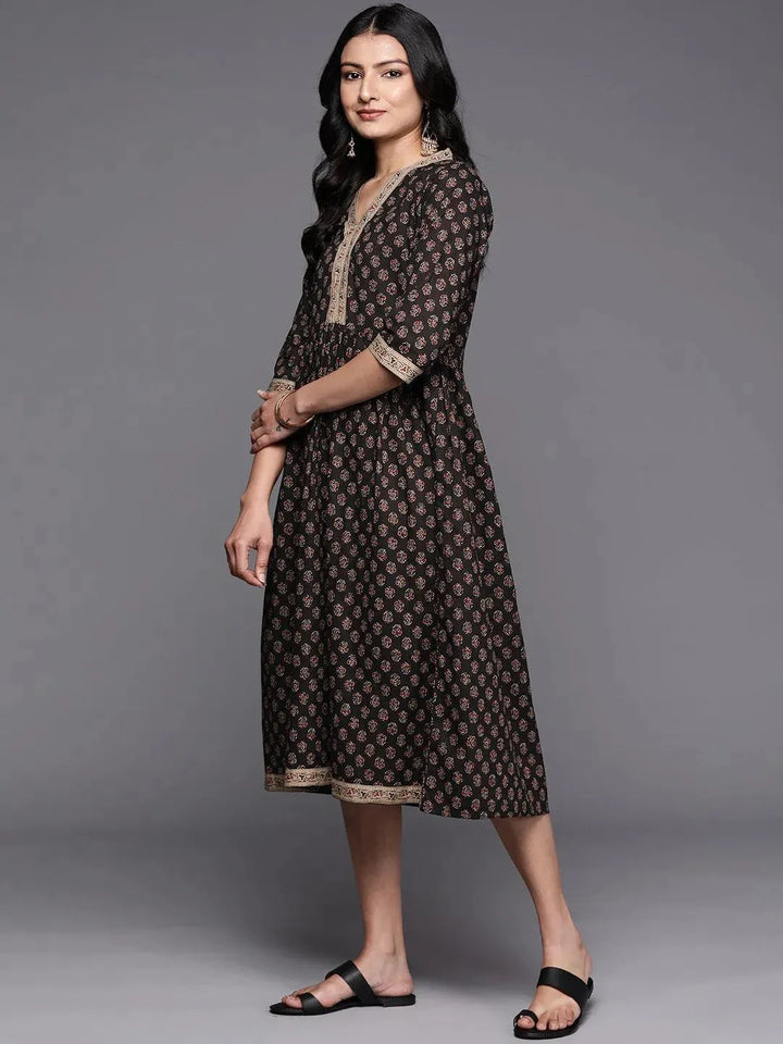 Black Printed Cotton Fit and Flare Dress - Libas