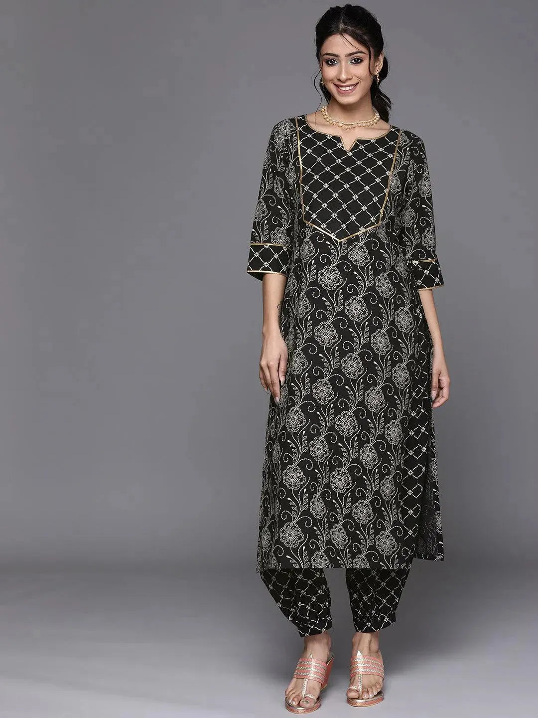 Black Printed Cotton Kurta - Libas