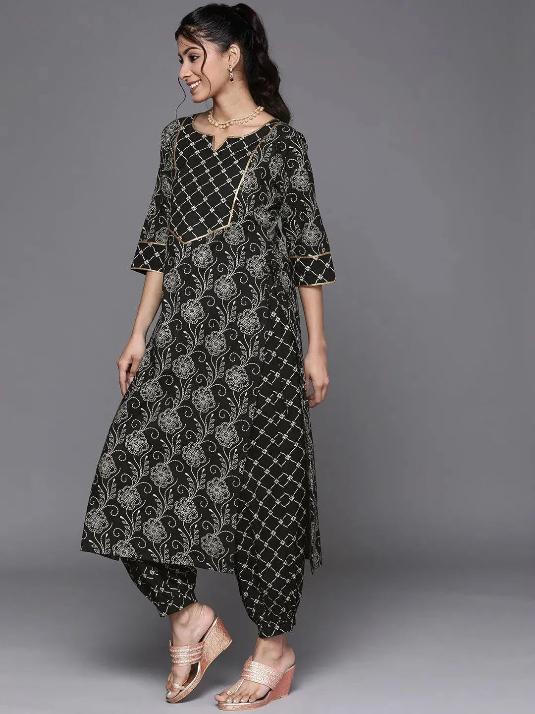 Black Printed Cotton Kurta - Libas 