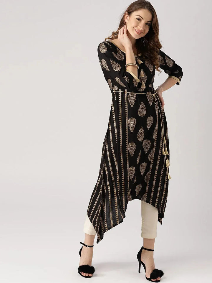 Black Printed Cotton Kurta - Libas