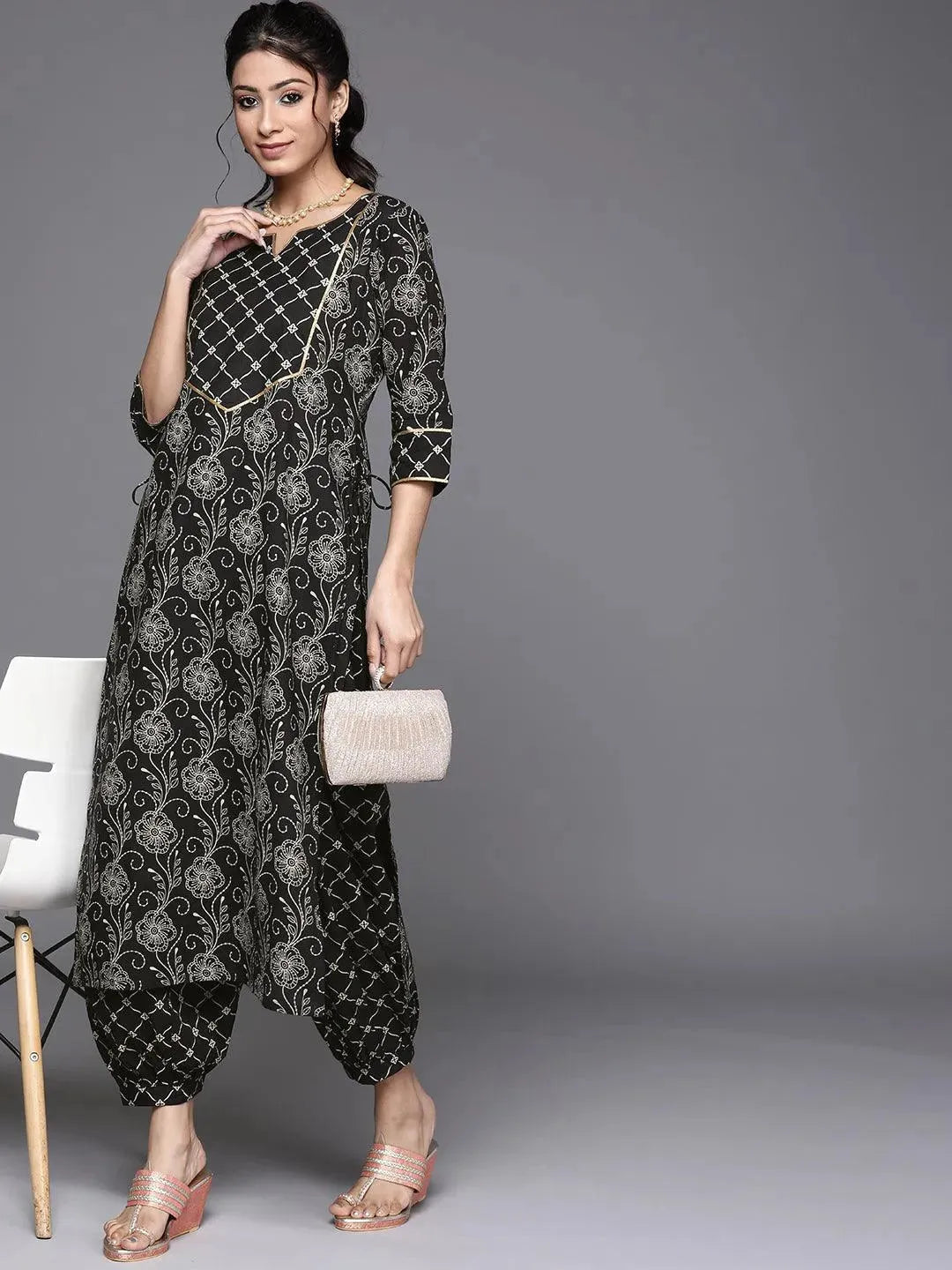 Black Printed Cotton Kurta - Libas 
