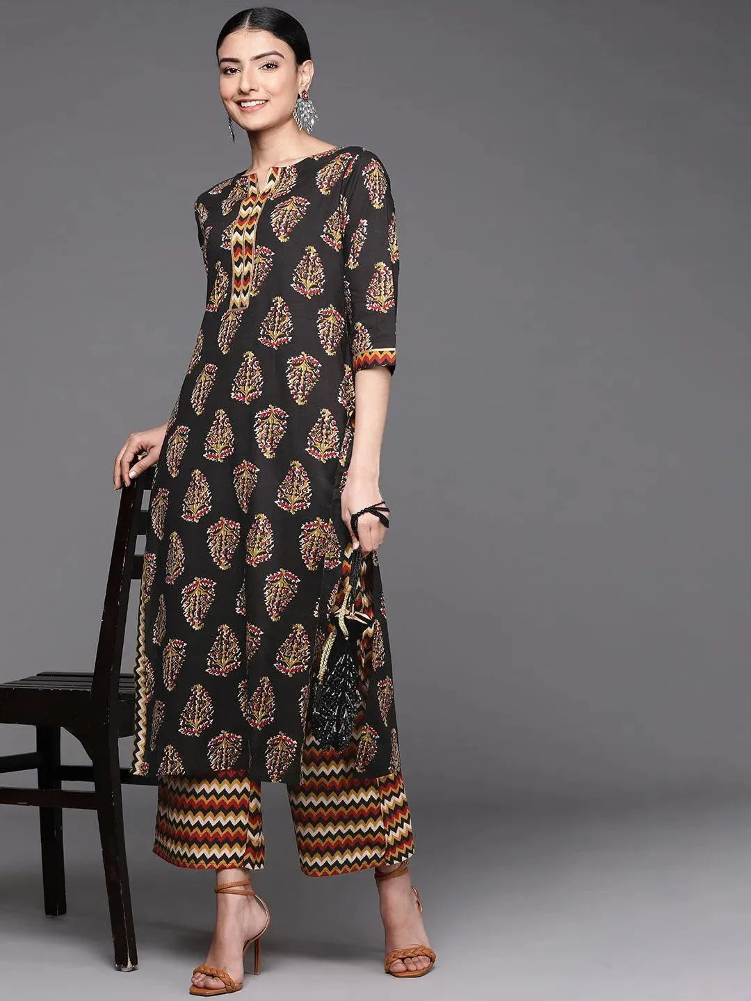 Black Printed Cotton Kurta - Libas 
