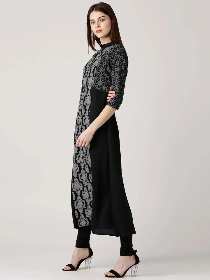 Black Printed Cotton Kurta - Libas