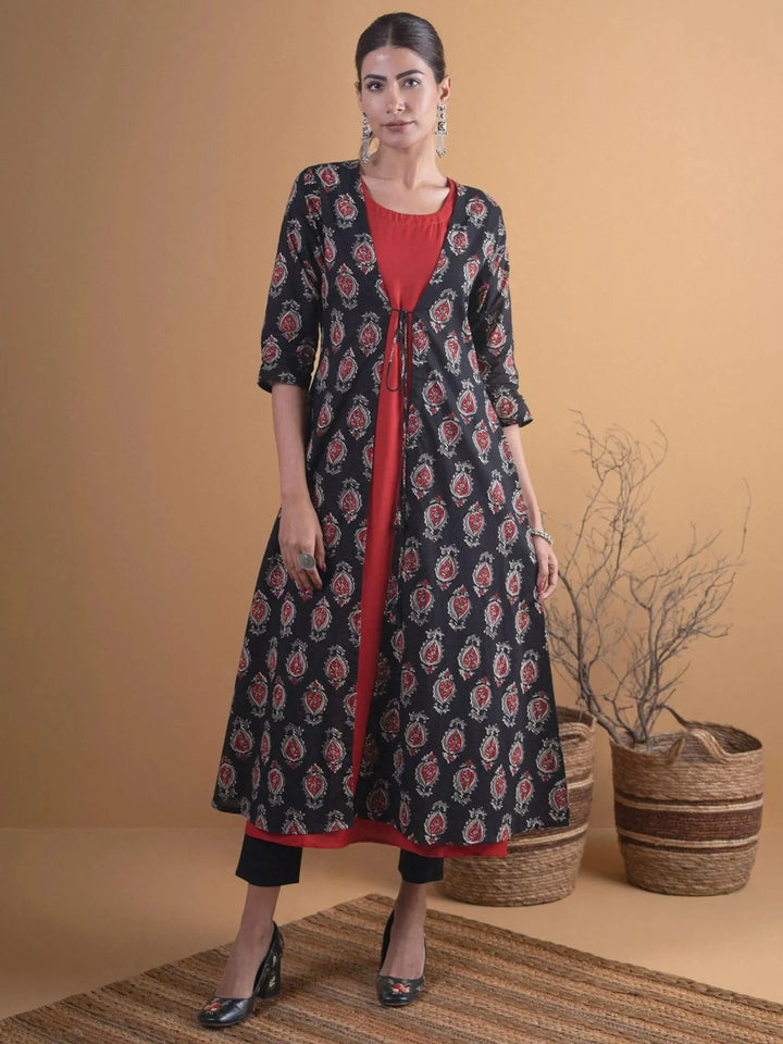 Black Printed Cotton Kurta With Jacket - Libas