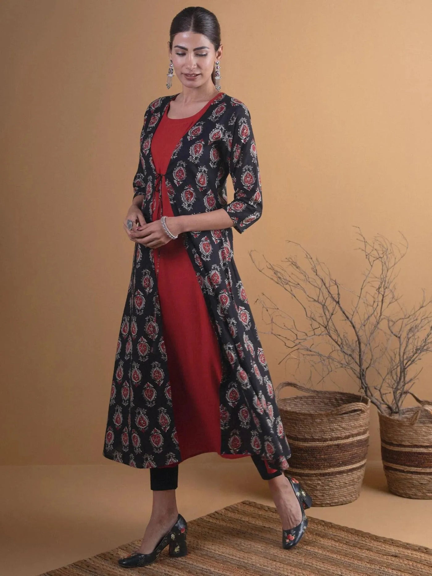 Black Printed Cotton Kurta With Jacket - Libas