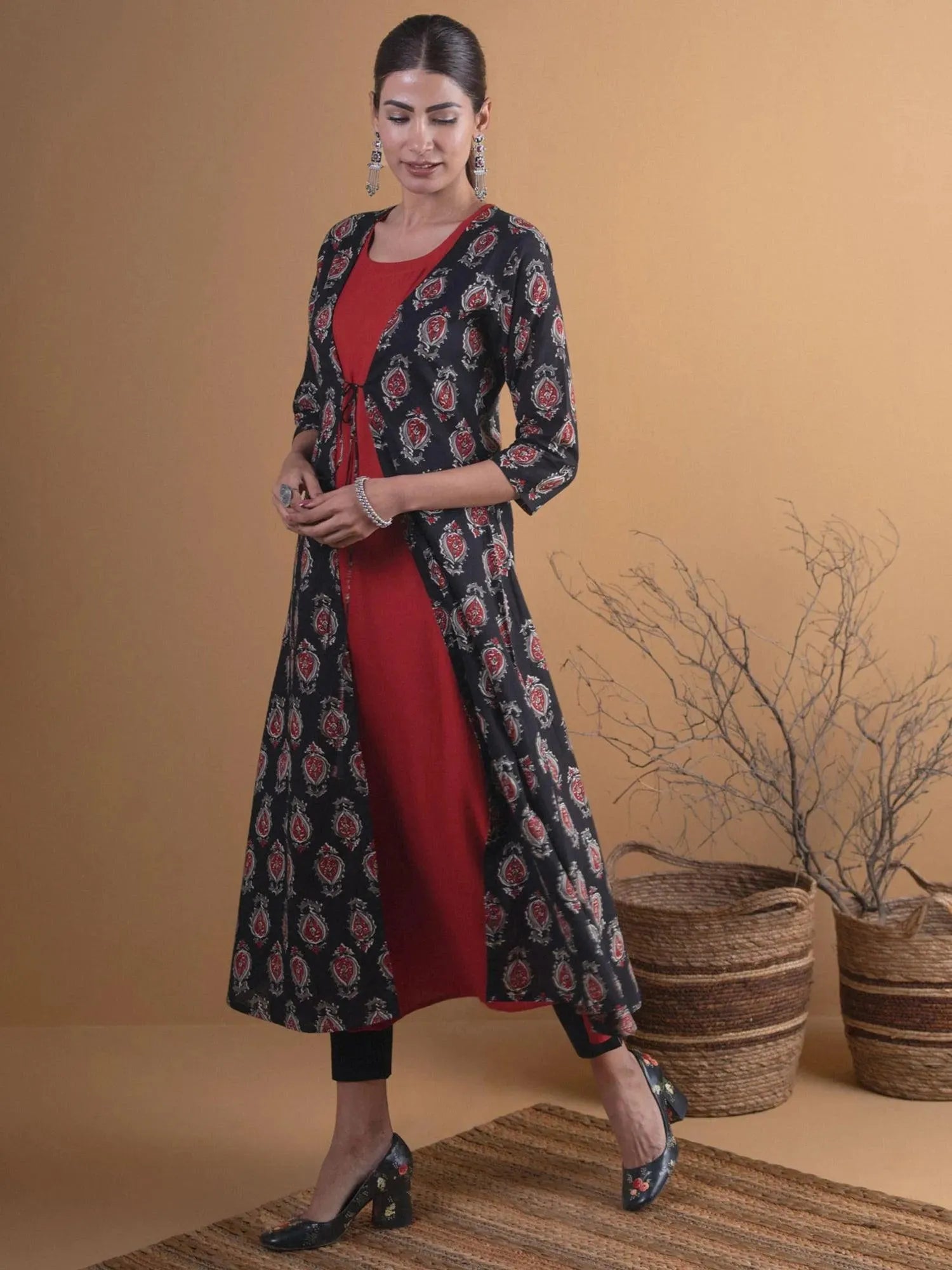 Buy Black Printed Cotton Kurta With Jacket - 4711- | Libas Ethnic Wear Online