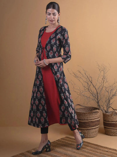 Black Printed Cotton Kurta With Jacket - Libas