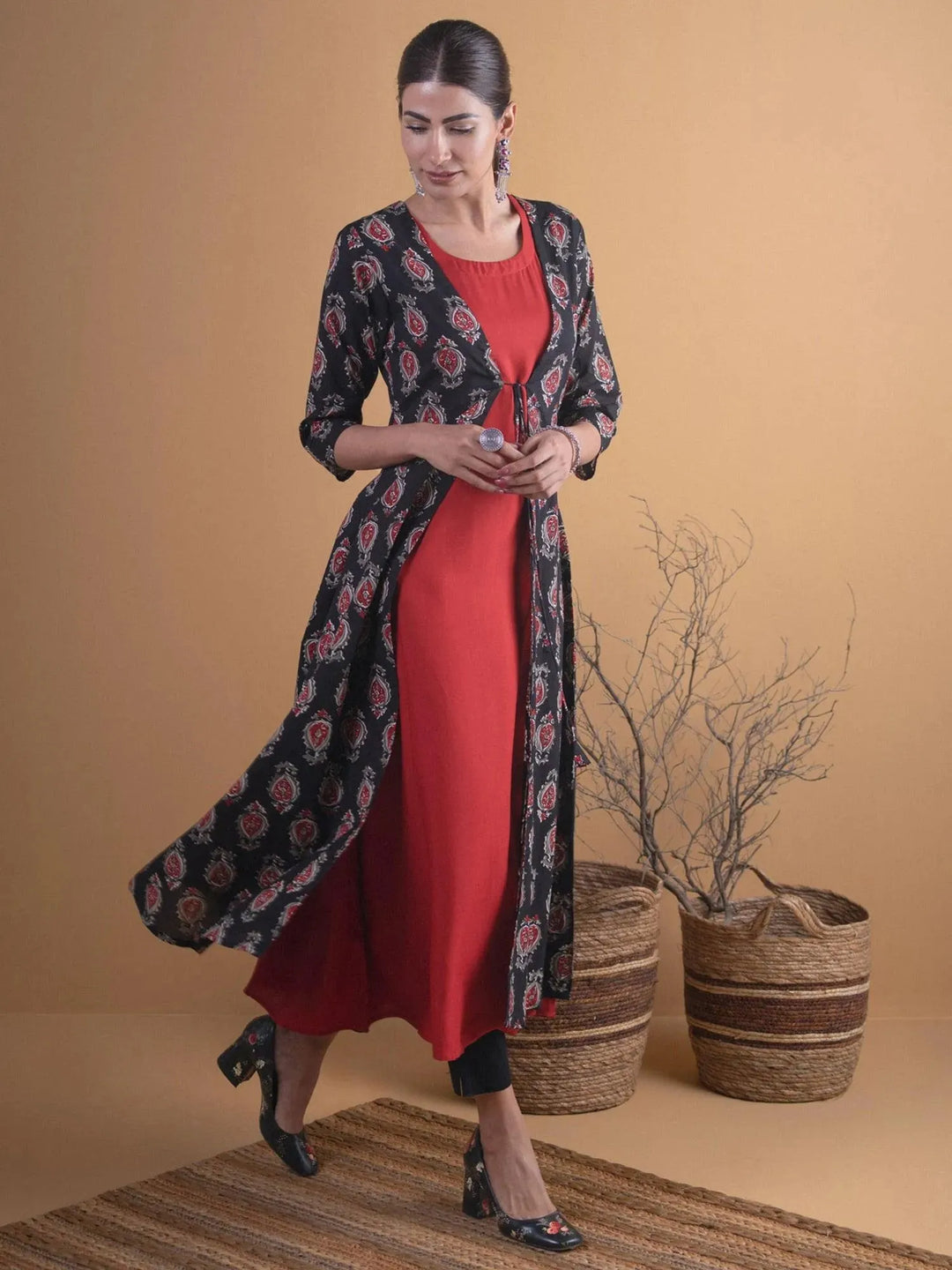 Black Printed Cotton Kurta With Jacket - Libas