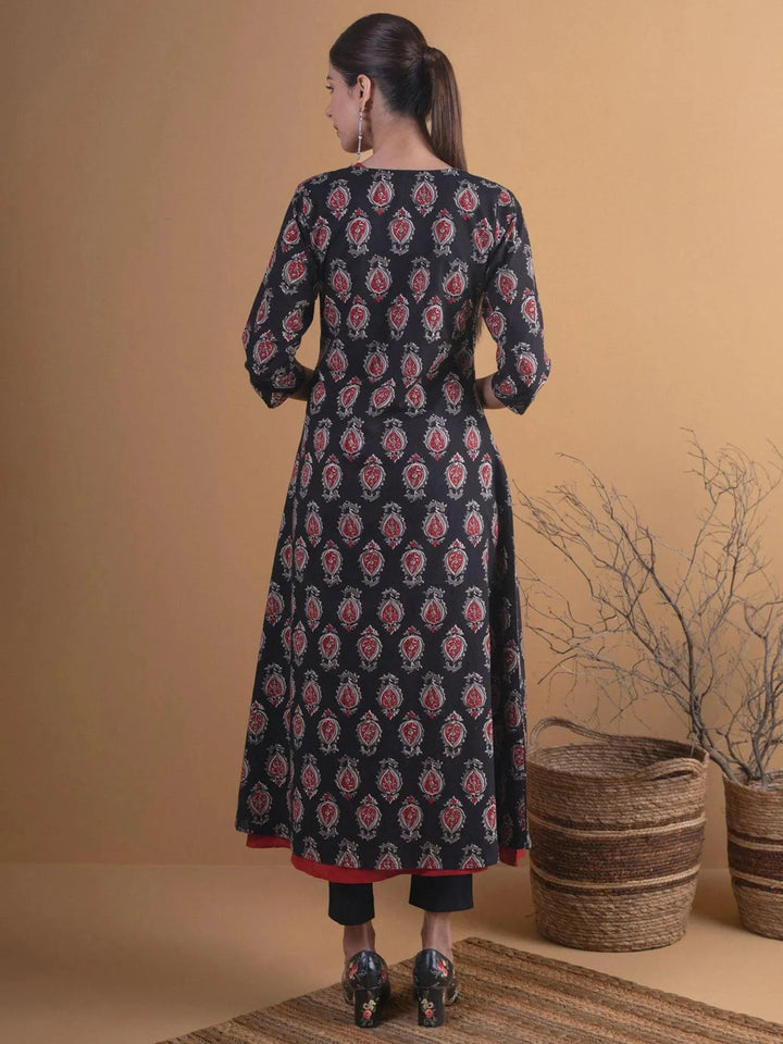 Black Printed Cotton Kurta With Jacket - Libas