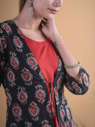 Black Printed Cotton Kurta With Jacket - Libas