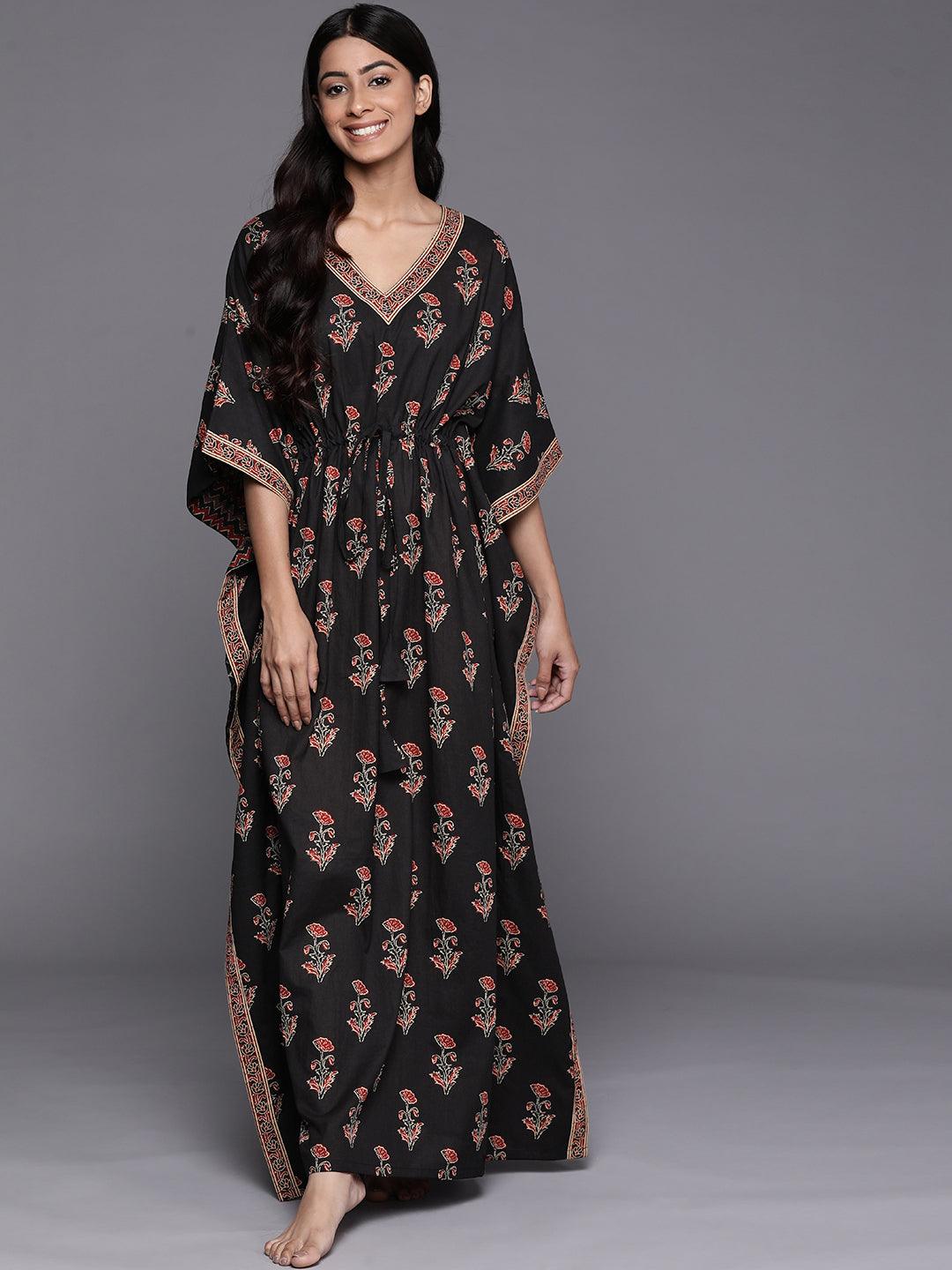 Black Printed Cotton Night Dress - Libas