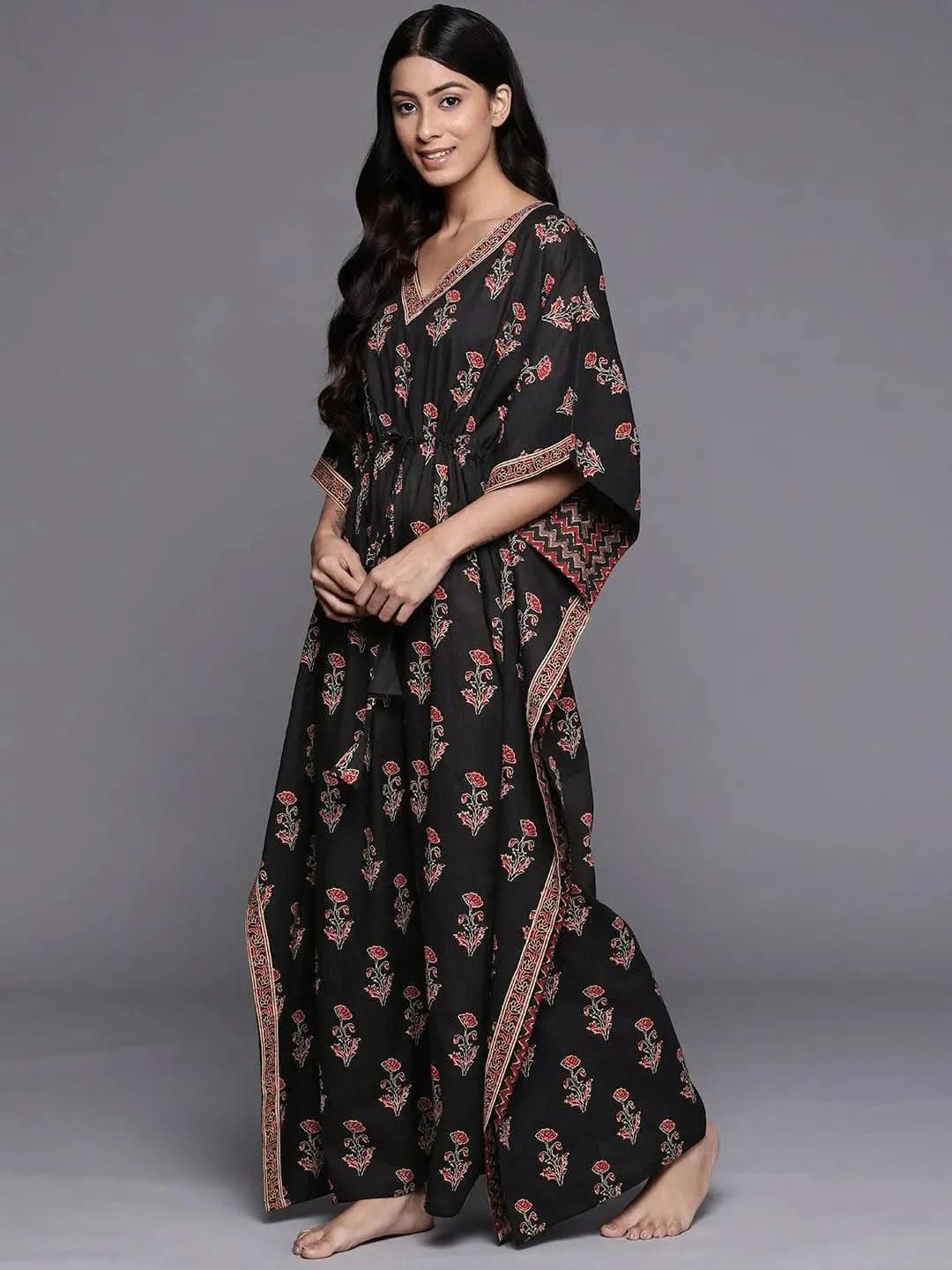 Black Printed Cotton Night Dress - Libas 