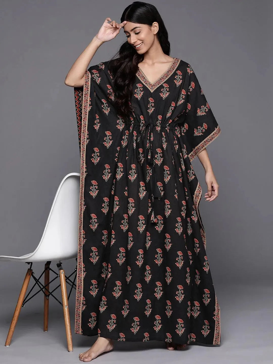 Black Printed Cotton Night Dress - Libas