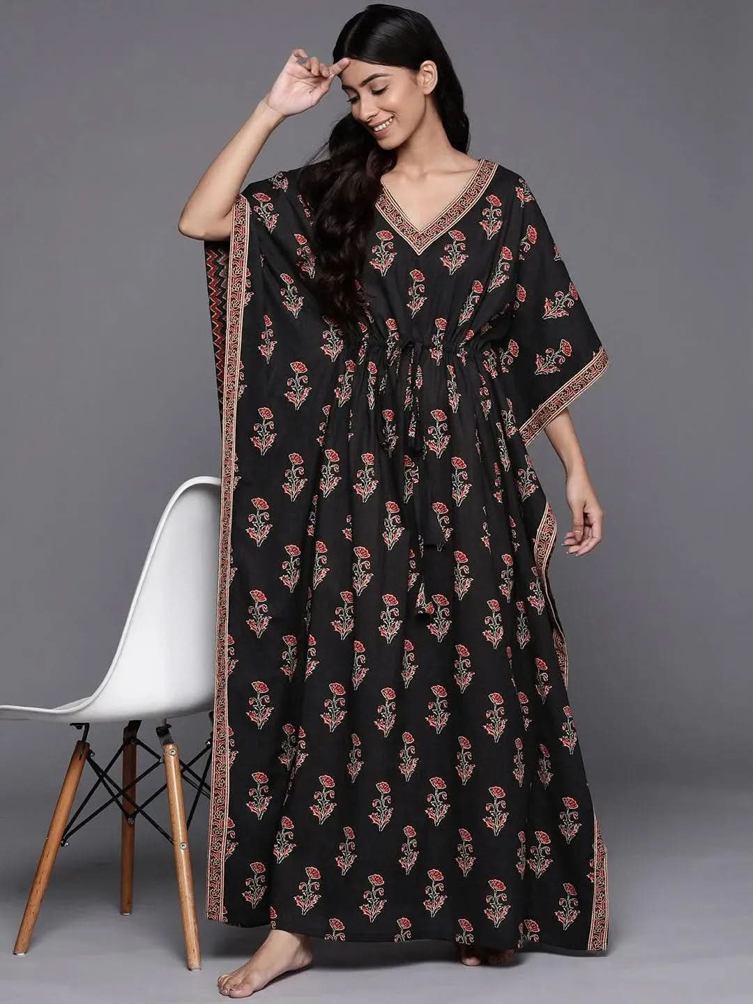Black Printed Cotton Night Dress - Libas 