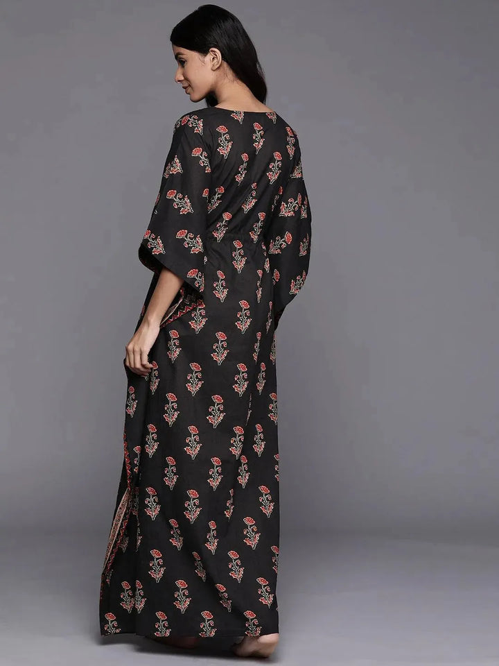 Black Printed Cotton Night Dress - Libas