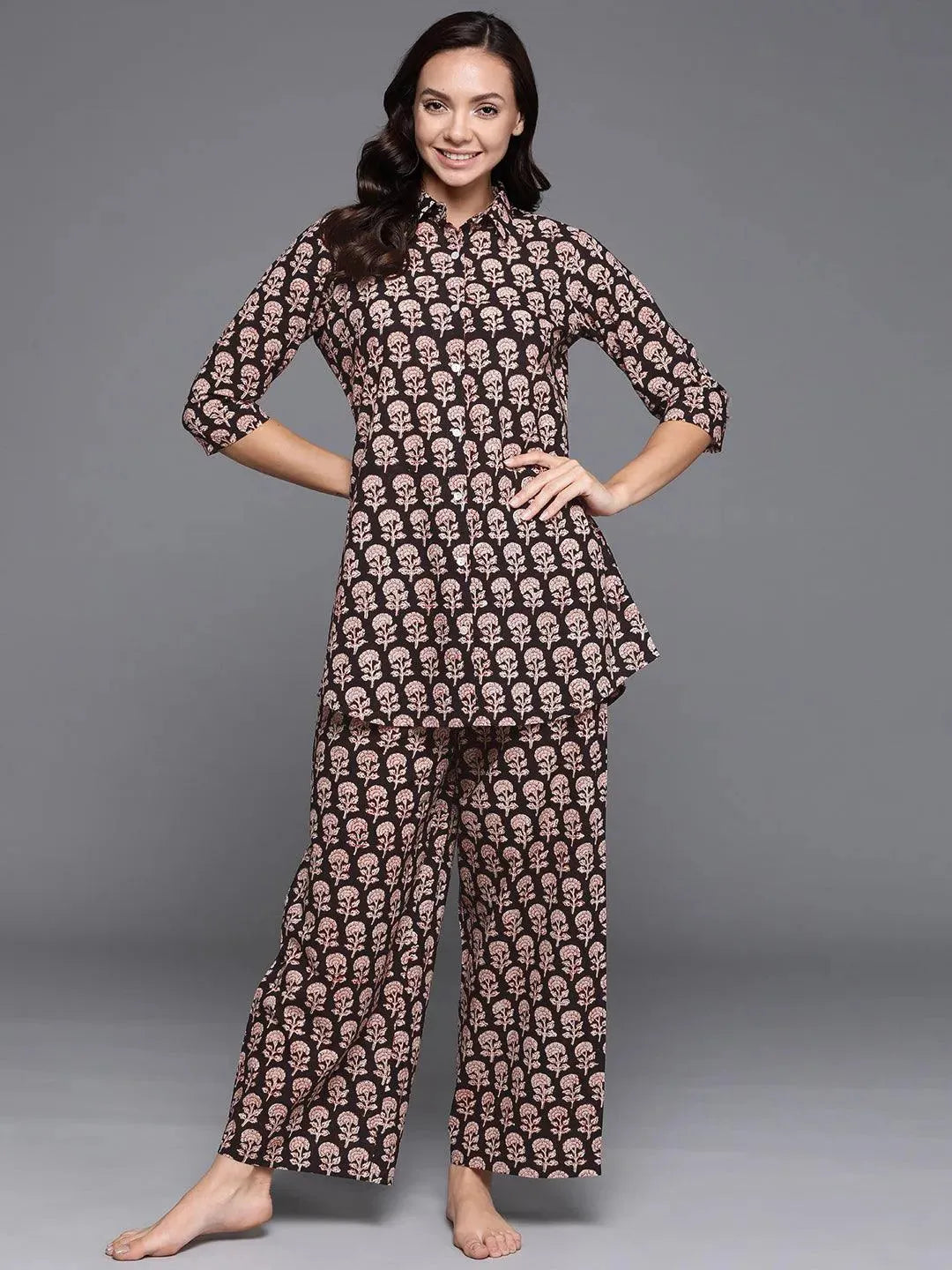 Black Printed Cotton Night Suit - Libas