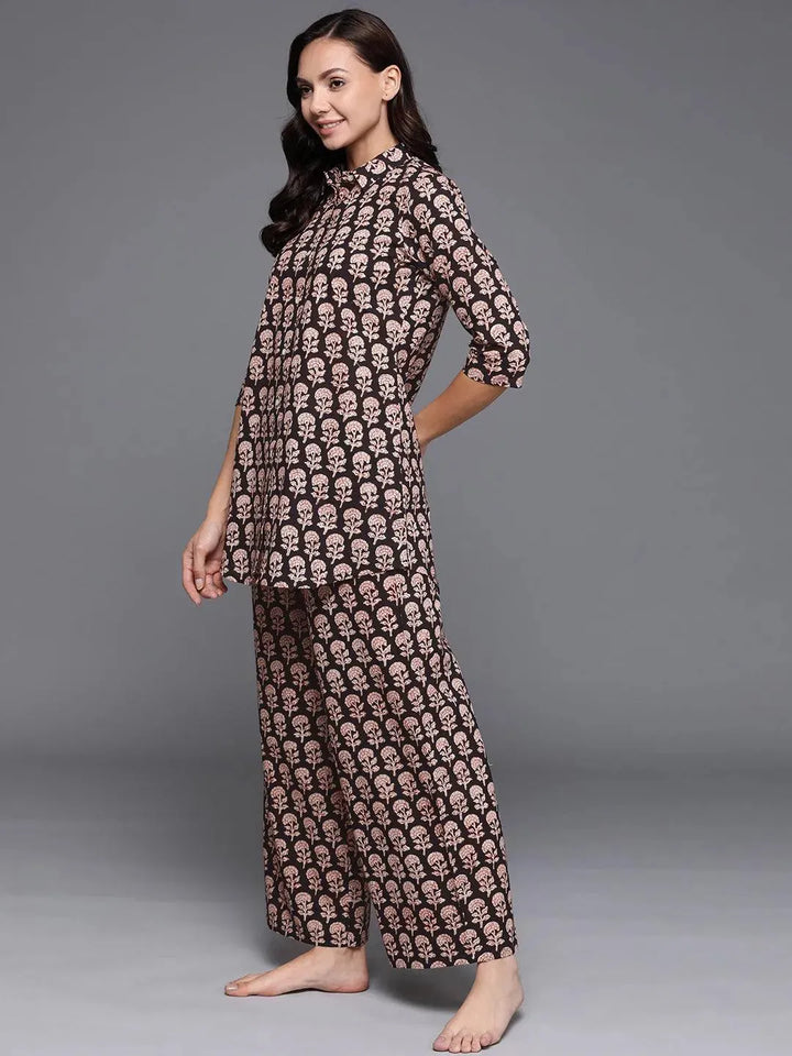 Black Printed Cotton Night Suit - Libas