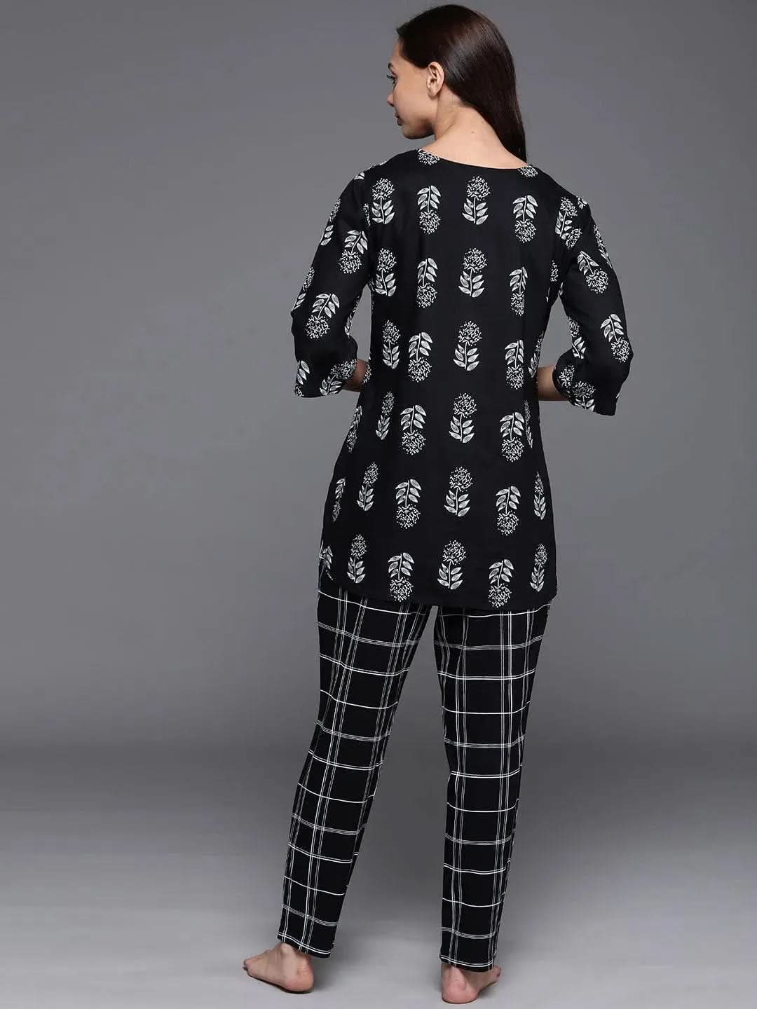 Black Printed Cotton Night Suit - Libas 
