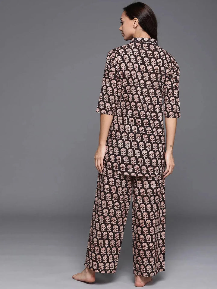 Black Printed Cotton Night Suit - Libas