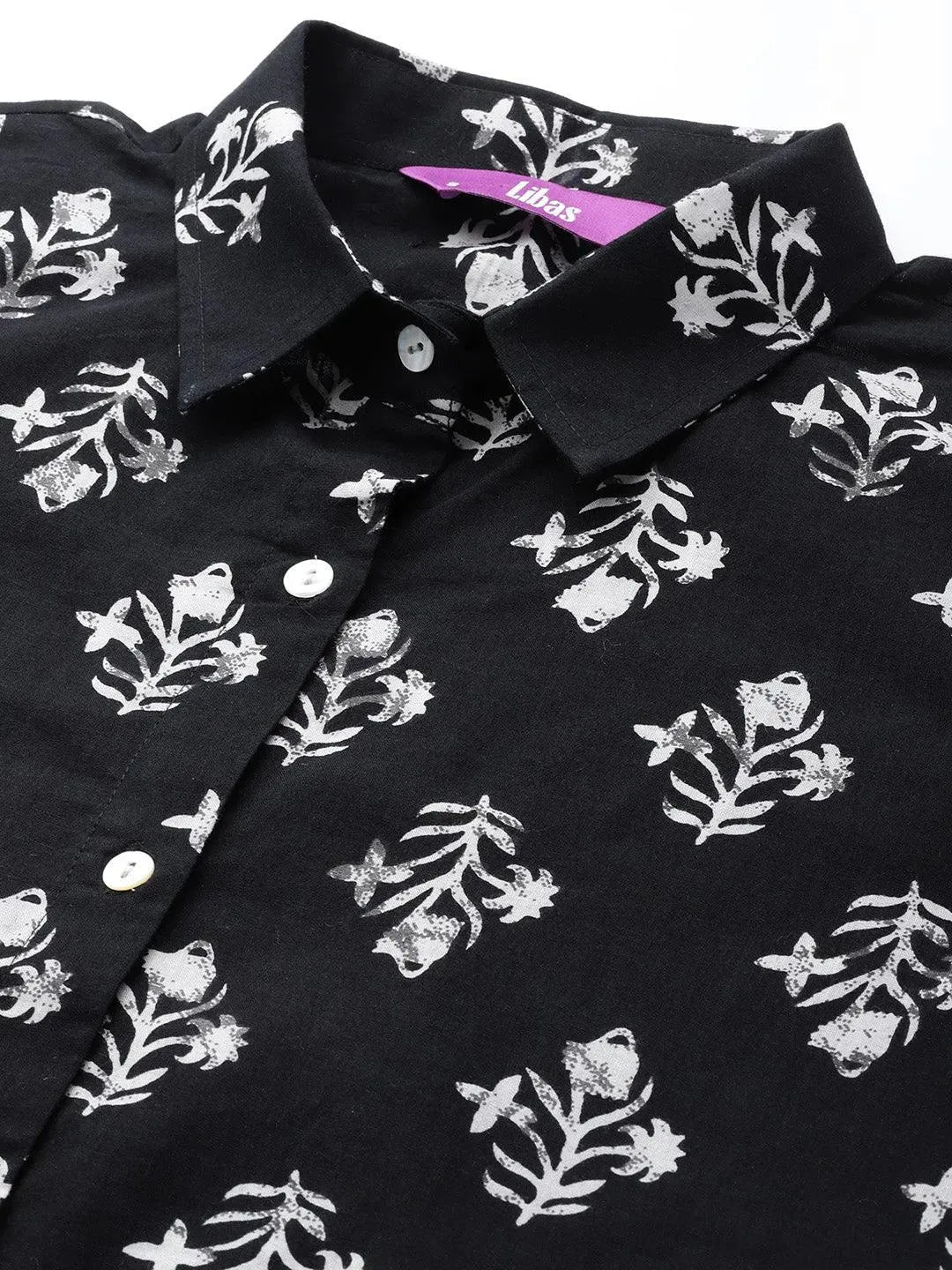 Black Printed Cotton Night Suit - Libas 