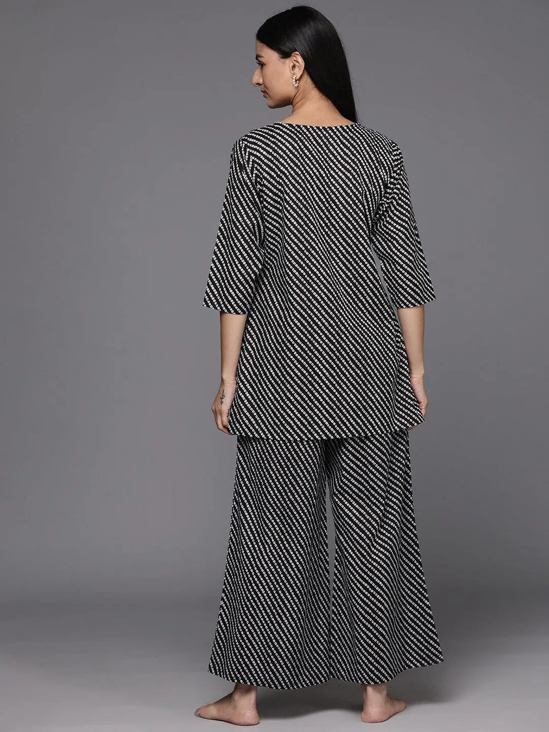 Black Printed Cotton Night Suit - Libas 