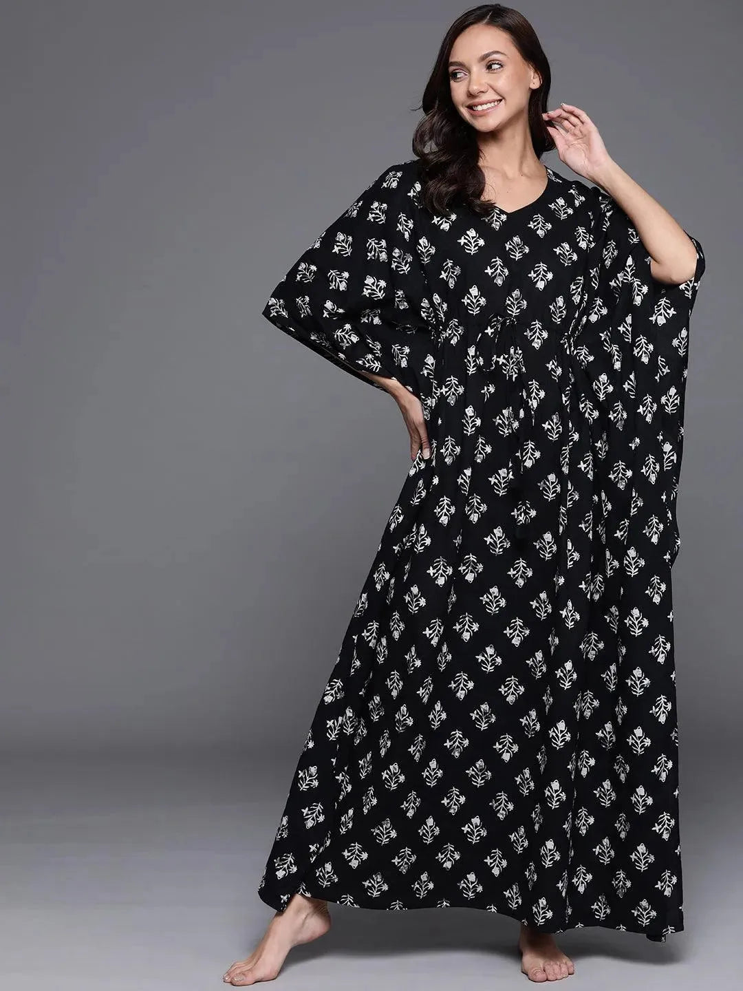 Black Printed Cotton Nightdress - Libas