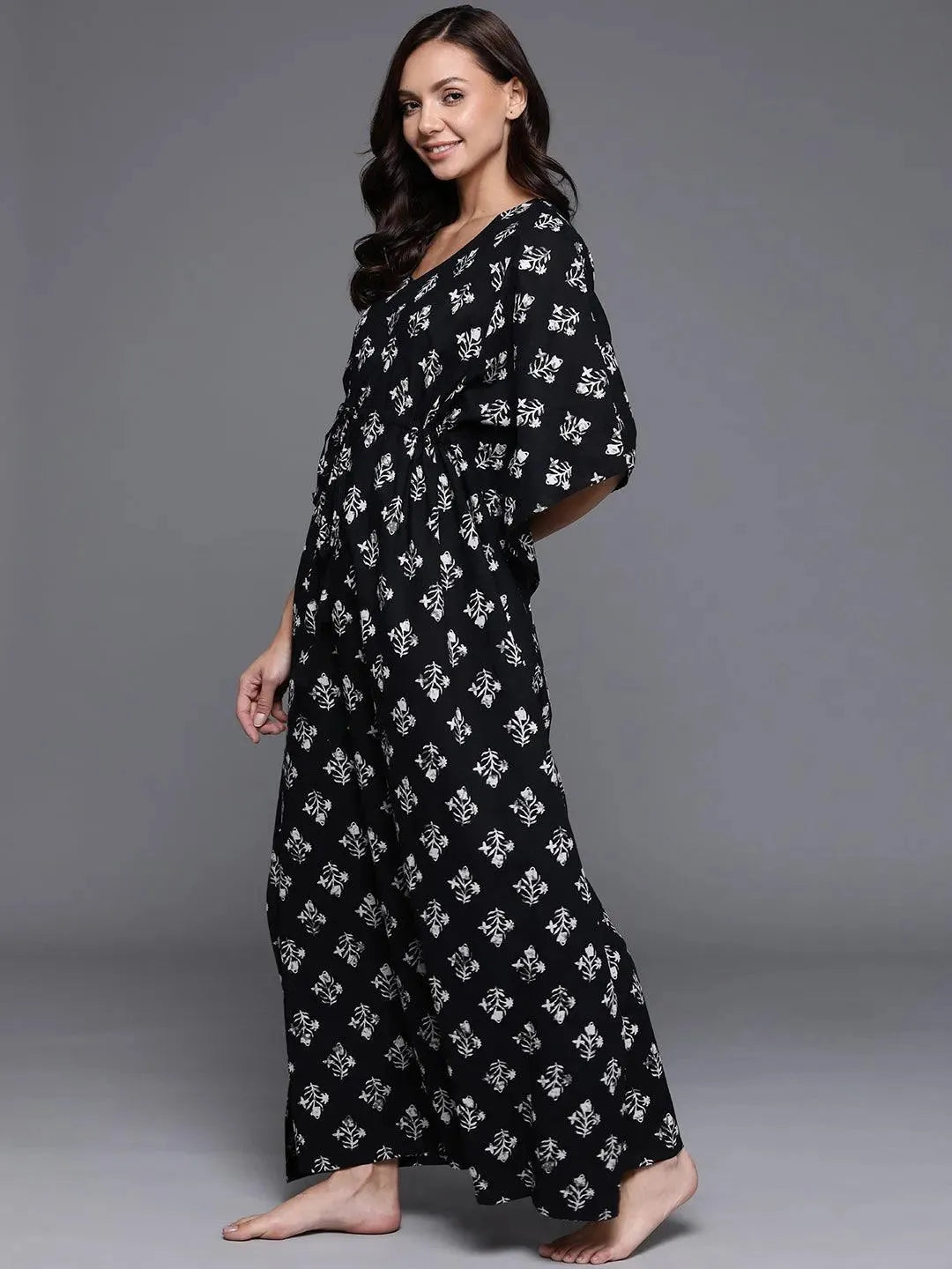 Black Printed Cotton Nightdress - Libas 