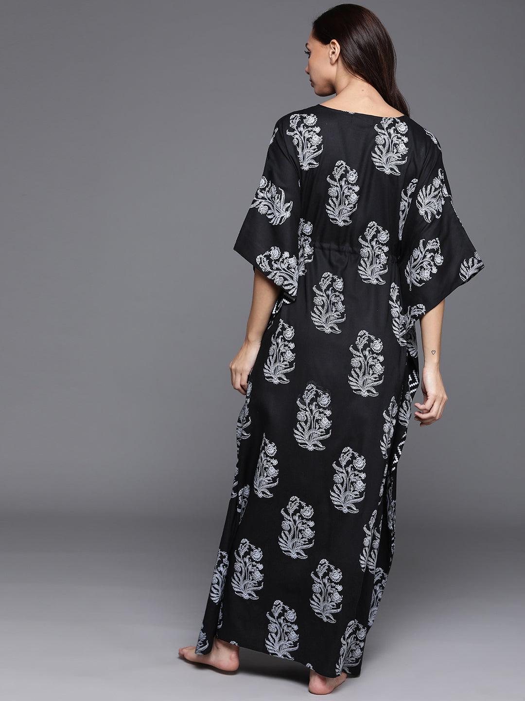 Black Printed Cotton Nightdress - Libas