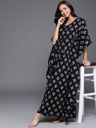 Black Printed Cotton Nightdress - Libas