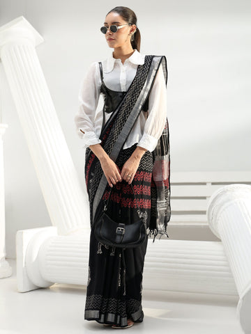 Black Quirky Camel Dabu Print Cotton Saree