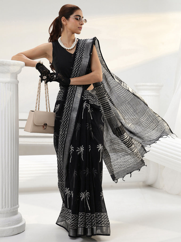 Libas Black Tropical Dabu Print Cotton Saree