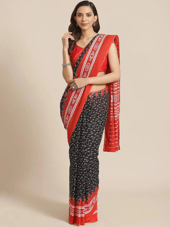 Black Printed Cotton Saree - Libas