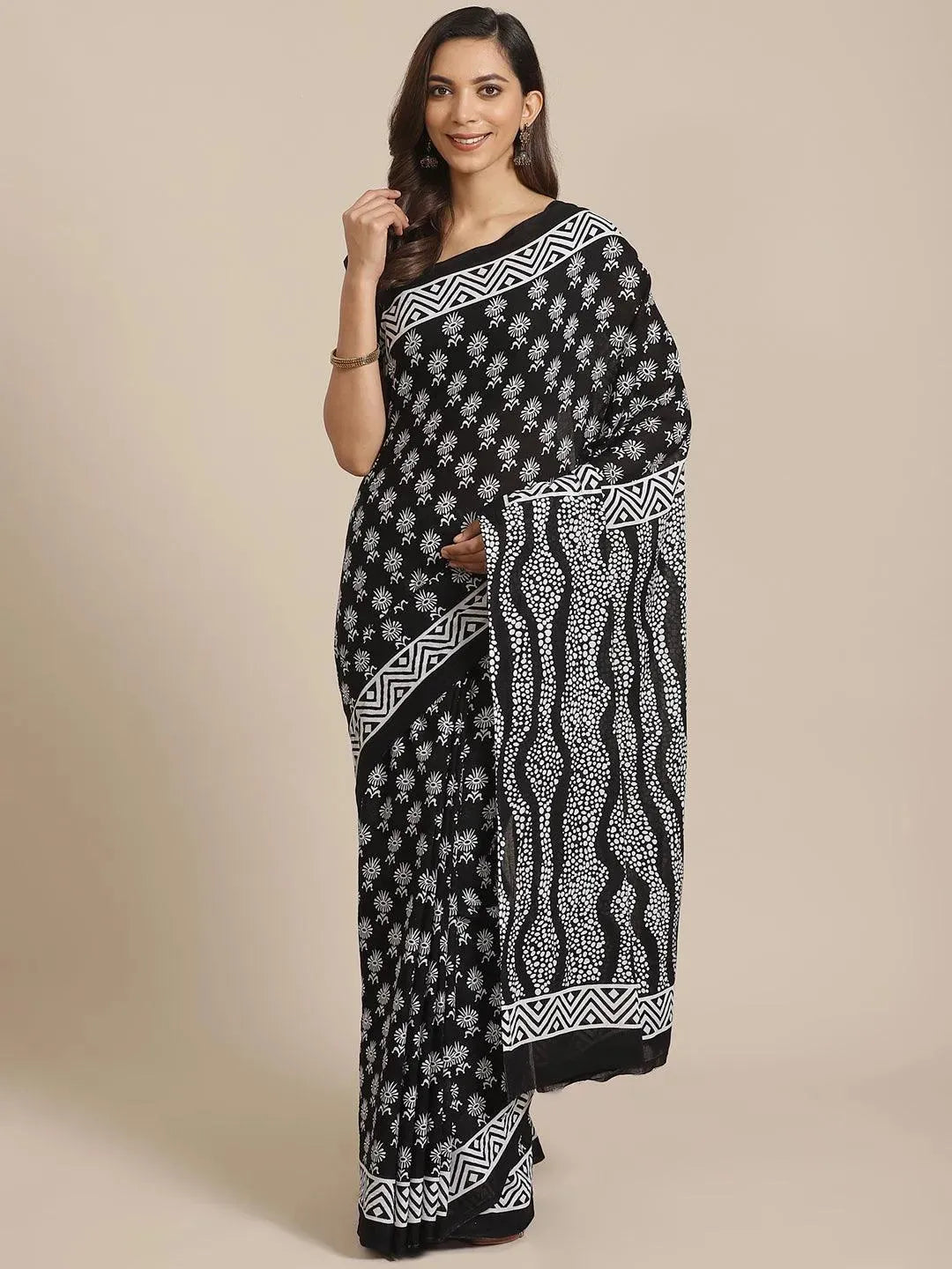 Black Printed Cotton Saree - Libas