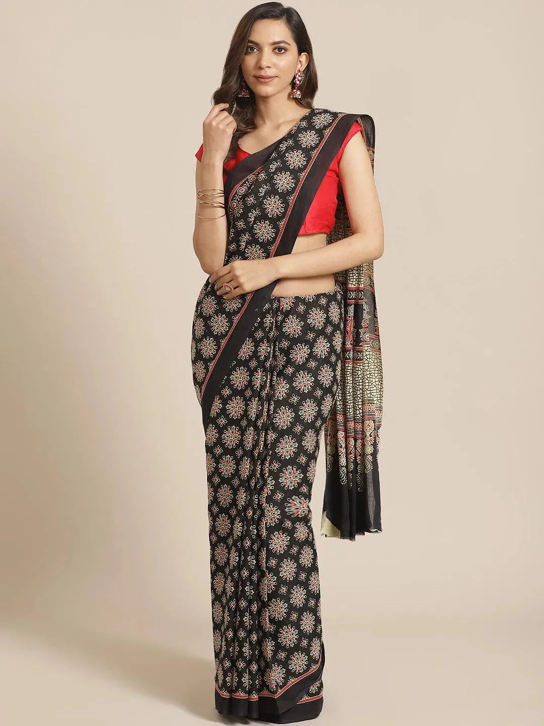 Black Printed Cotton Saree - Libas