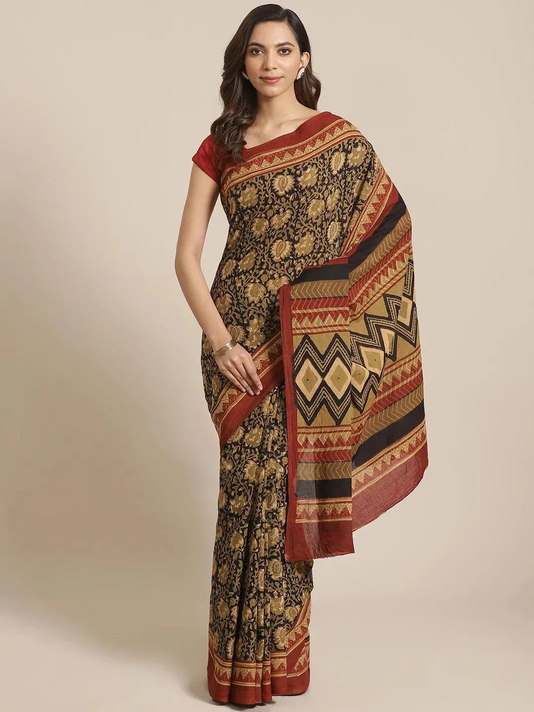 Black Printed Cotton Saree - Libas