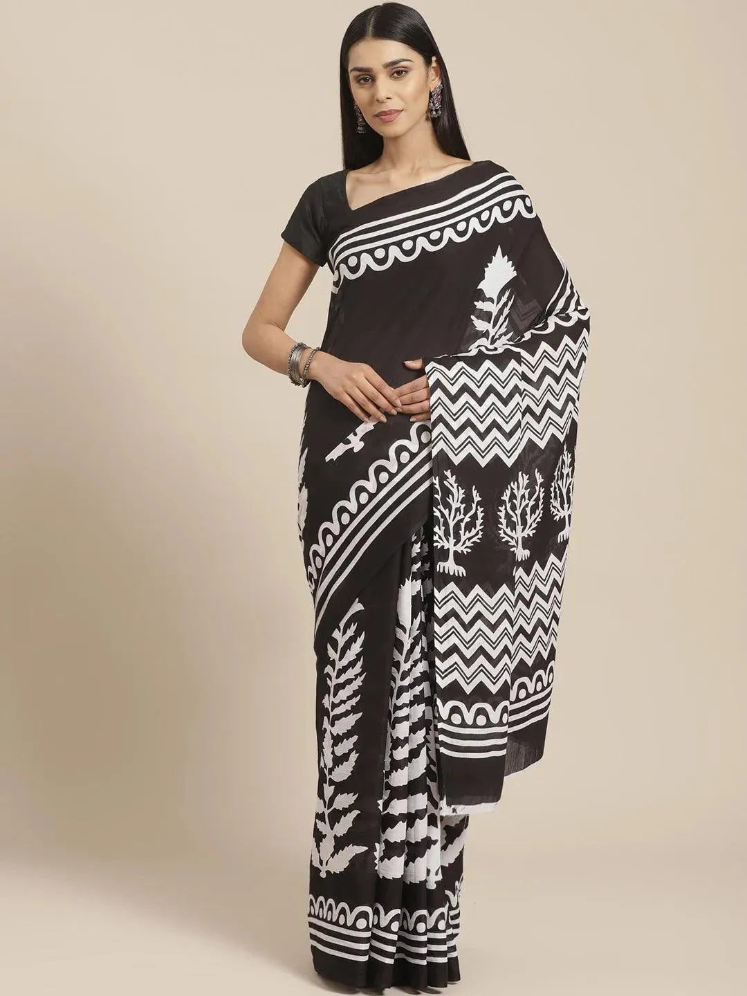 Black Printed Cotton Saree - Libas