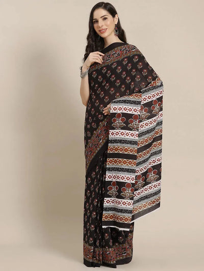 Black Printed Cotton Saree - Libas