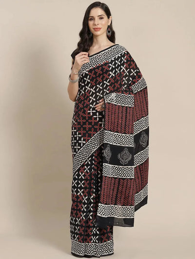 Black Printed Cotton Saree - Libas