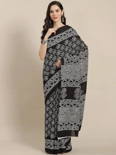 Black Printed Cotton Saree - Libas