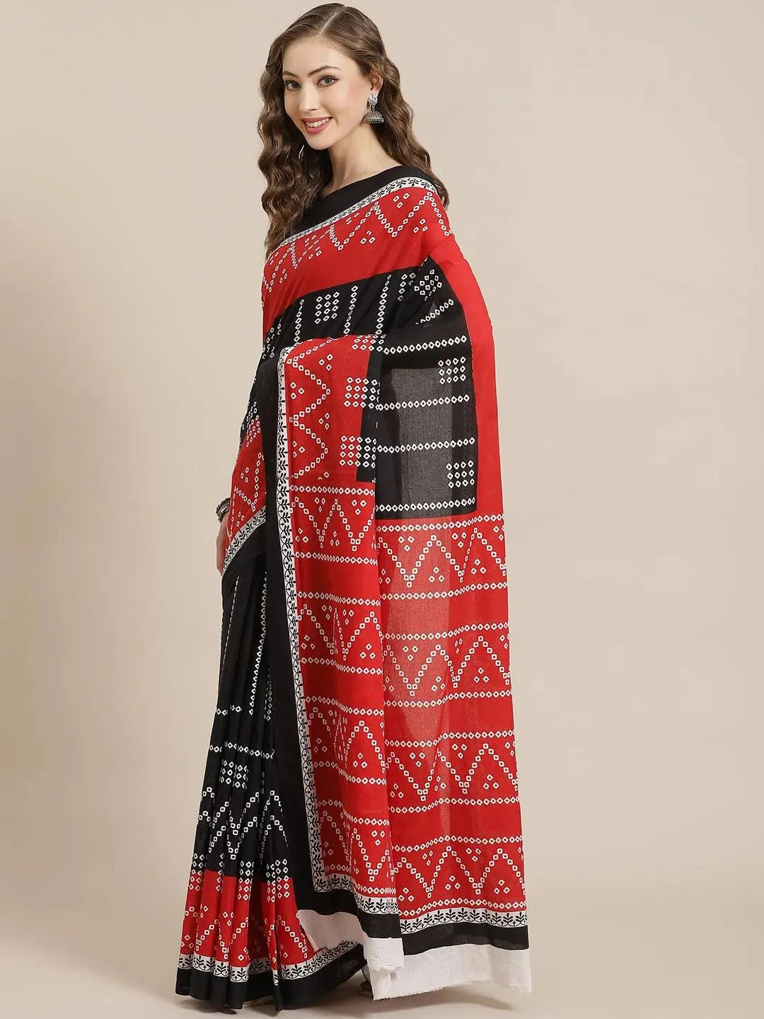 Black Printed Cotton Saree - Libas