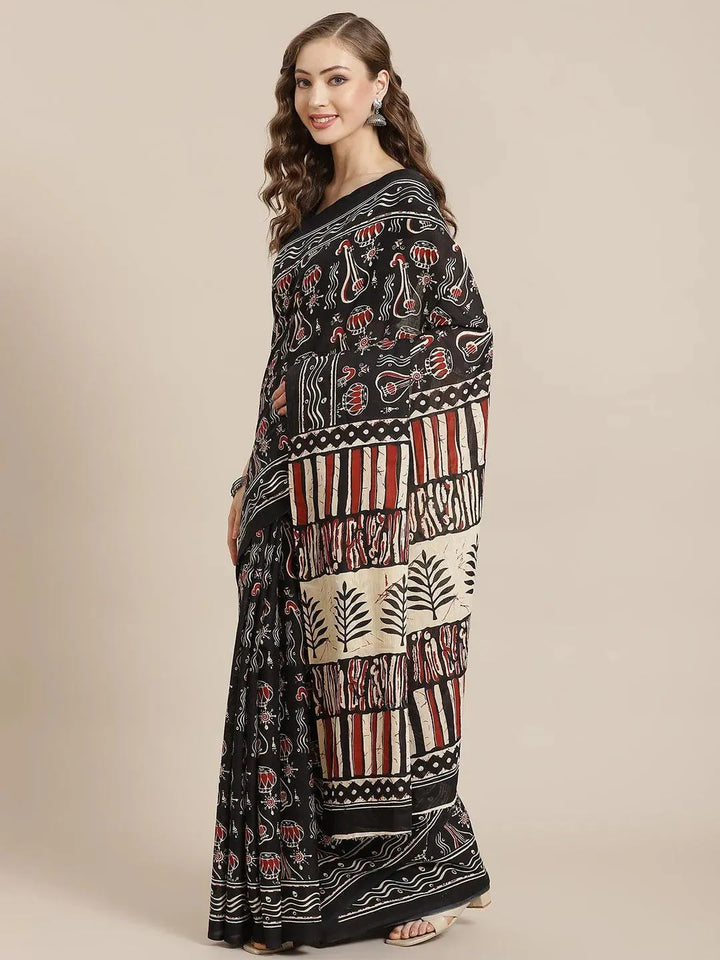 Black Printed Cotton Saree - Libas