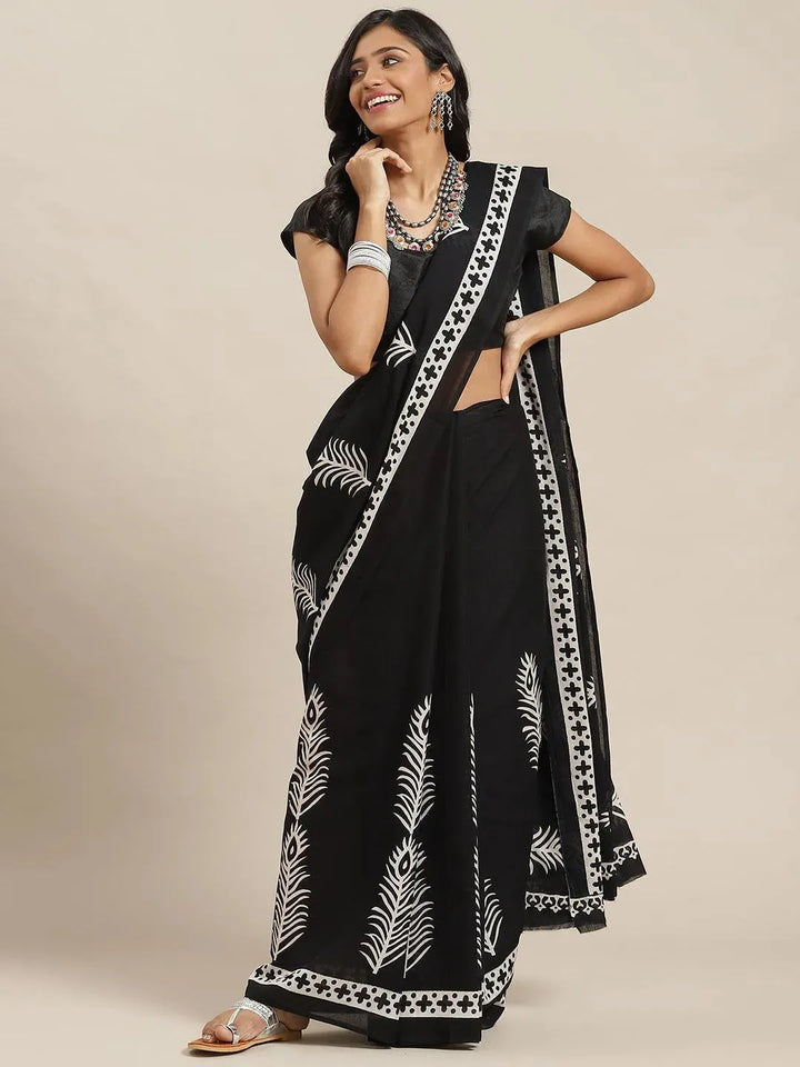 Black Printed Cotton Saree - Libas