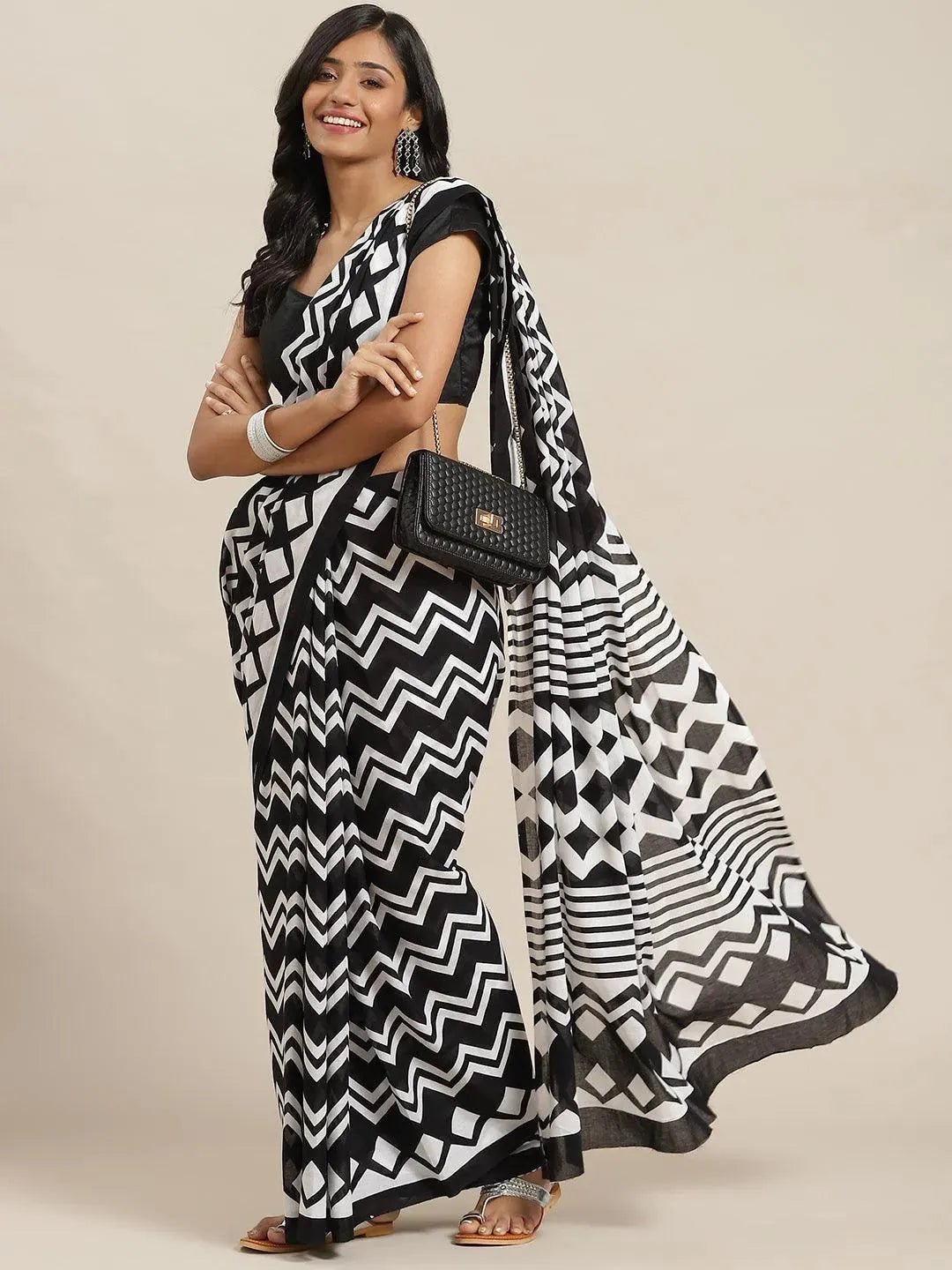 Black Printed Cotton Saree - Libas