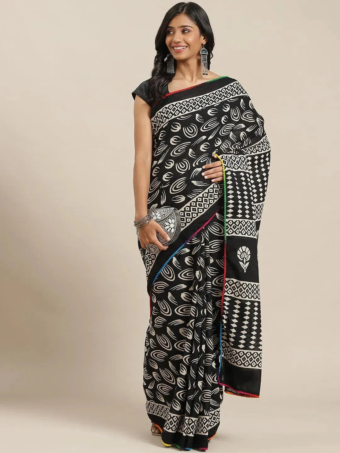 Black Printed Cotton Saree - Libas