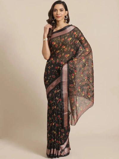 Black Printed Cotton Saree - Libas