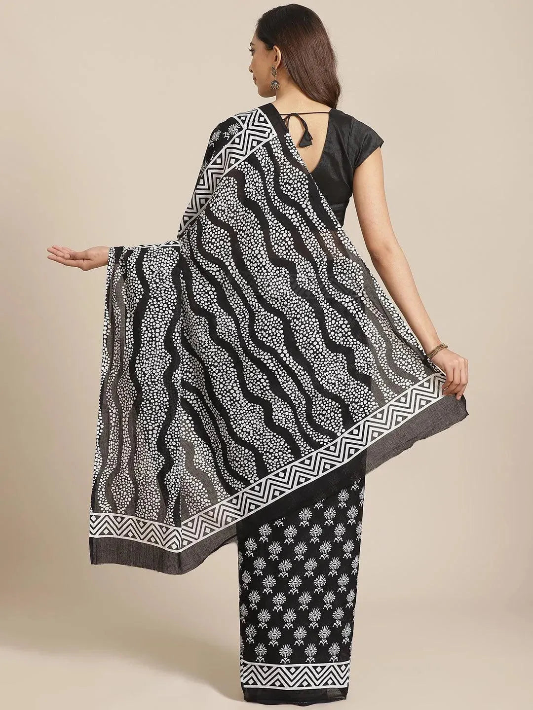 Black Printed Cotton Saree - Libas 