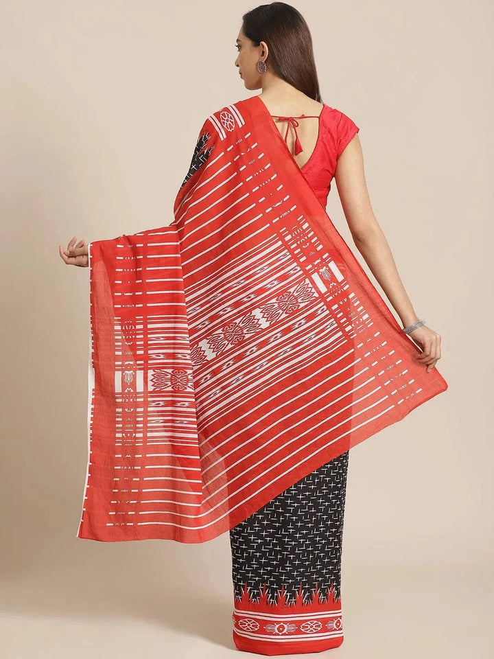 Black Printed Cotton Saree - Libas