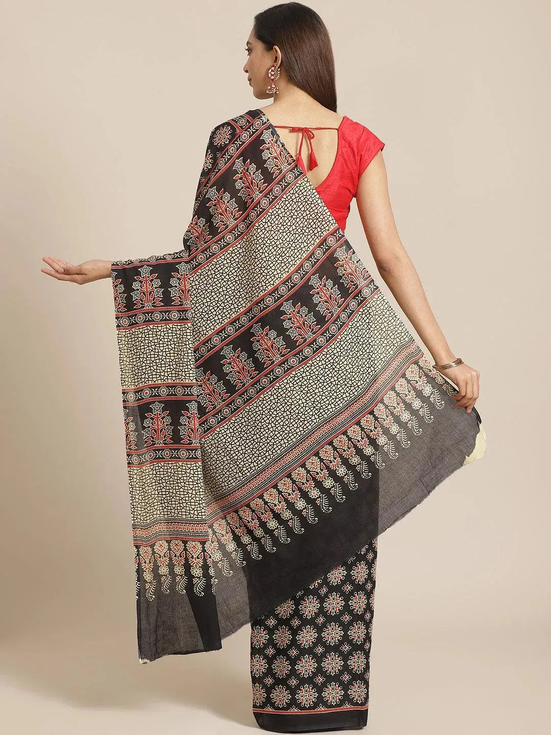 Black Printed Cotton Saree - Libas 